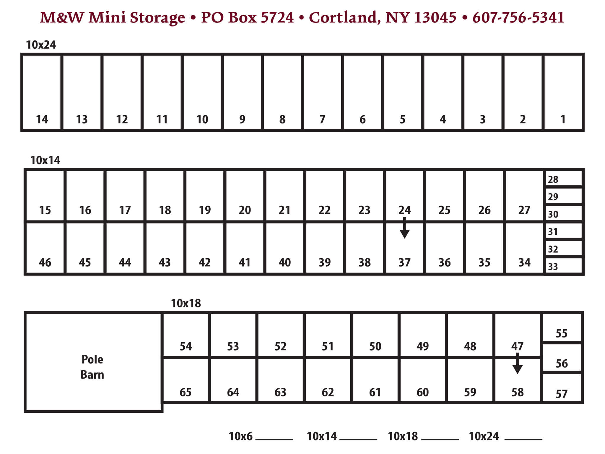 Hand-drawn map of M&W Mini Storage showing three rows of numbered units by size — 10x24, 10x14, 10x18 and 10x6 — plus a pole barn.